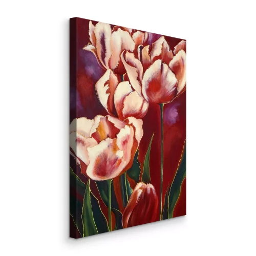 Canvas Tulpen op een bordeauxrode achtergrond in een artistieke stijl