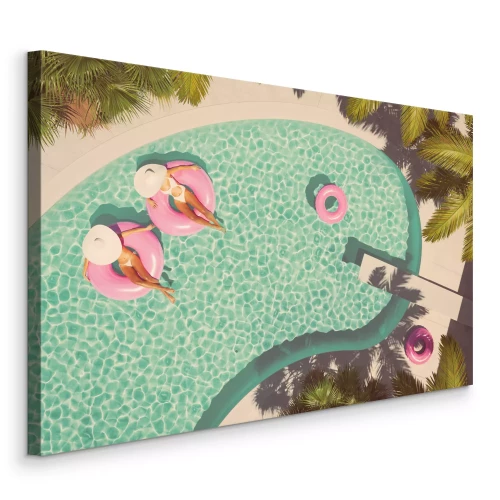 Canvas Bovenaanzicht van het zwembad en vrouwen in roze hoepels