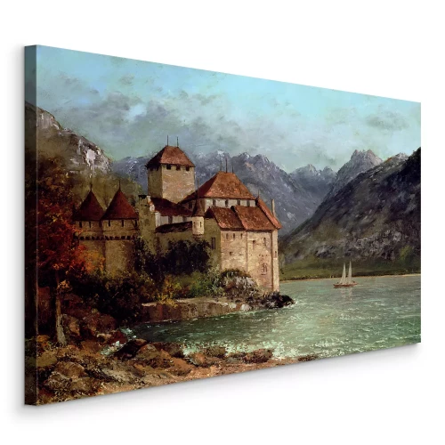 Canvas Een kasteel aan de rotsachtige oever van een bergmeer