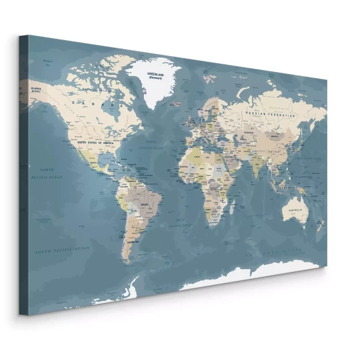 Canvas Gedetailleerde wereldkaart in blauw en beige