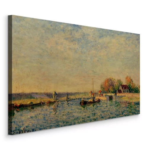 Canvas Aquarellandschap met een boot op een meer en een huis op de achtergrond