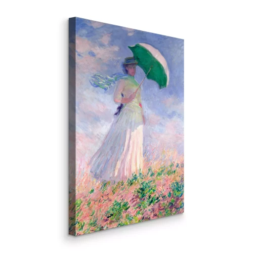 Canvas Een vrouw die met een paraplu door een bloemenweide loopt