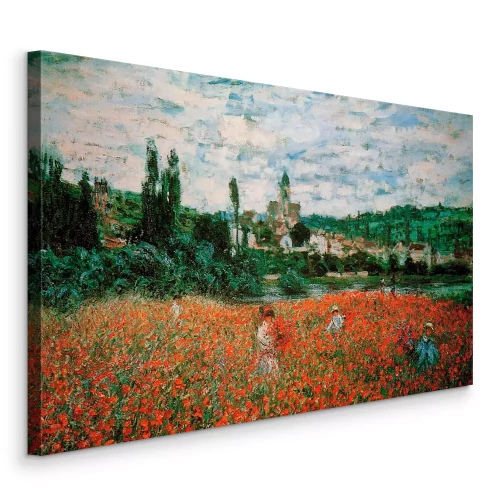 Canvas Figuren in een weide tussen klaprozen met uitzicht op een heuvelachtige stad