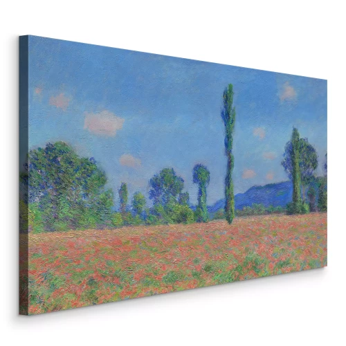 Canvas Een schilderachtig veld met rode klaprozen, omgeven door een struikgewas