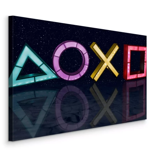 Canvas Neon spelsymbolen met reflectie op de grond