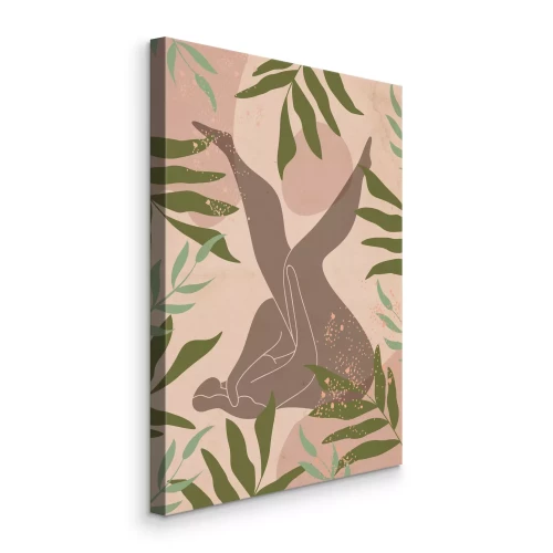 Canvas Abstract silhouet van een vrouw op een beige achtergrond met bladeren.