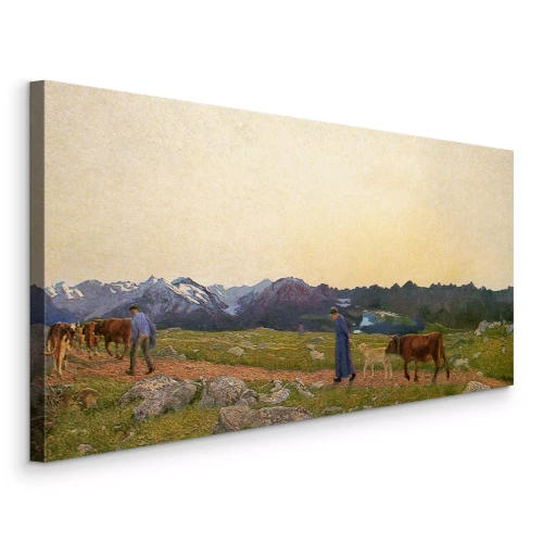 Canvas Mensen leiden een kudde koeien door een pittoreske open plek in de bergen