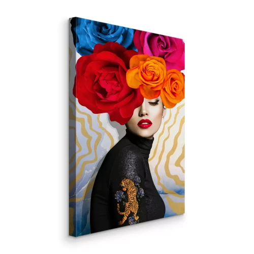 Canvas Kleurrijk portret van een vrouw met bloemen op haar hoofd