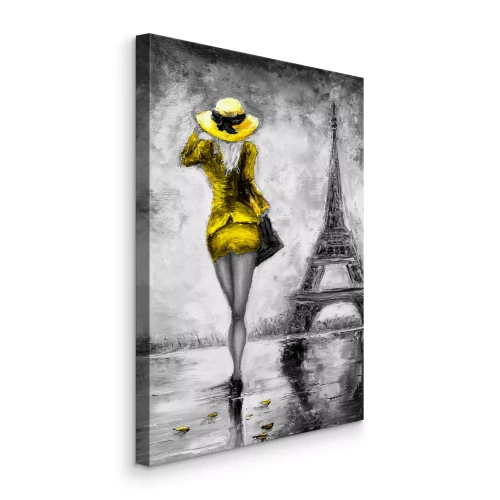 Canvas Schets van een vrouw in een jurk en hoed met de Eiffeltoren op de achtergrond
