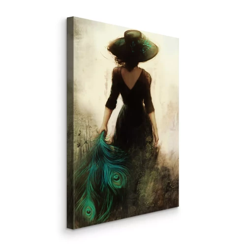 Canvas Een vrouw met een hoed met pauwenveren heeft haar rug naar haar toegekeerd