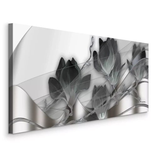 Canvas Magnolia&#39;s op een zilveren achtergrond in een abstracte compositie
