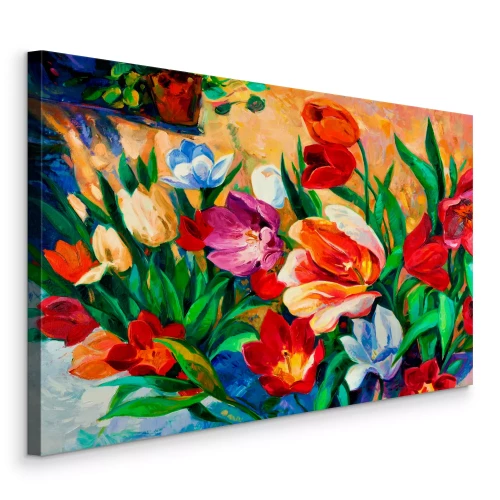 Canvas Kleurrijke tulpen in een tuin in de stijl van een olieverfschilderij