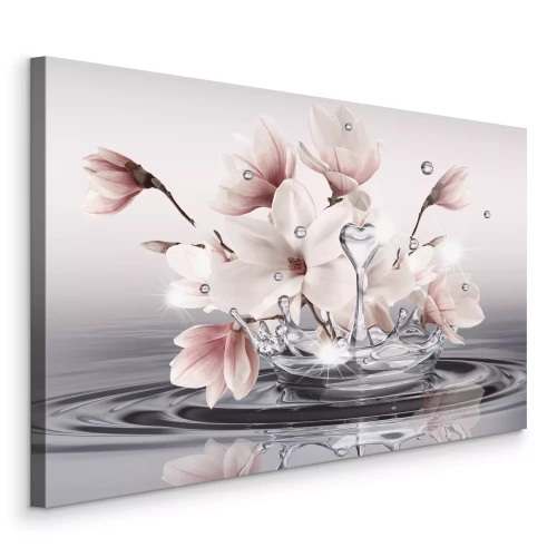 Canvas Roze magnolia&#39;s boven het wateroppervlak met weerspiegelingen