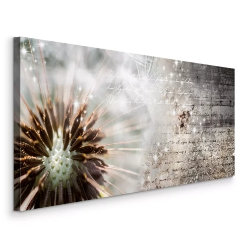 Canvas Close-up van een paardenbloem met tekst in tinten bruin en grijs