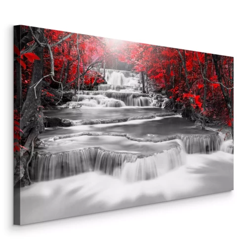 Canvas Watervalrivier met rode bomen