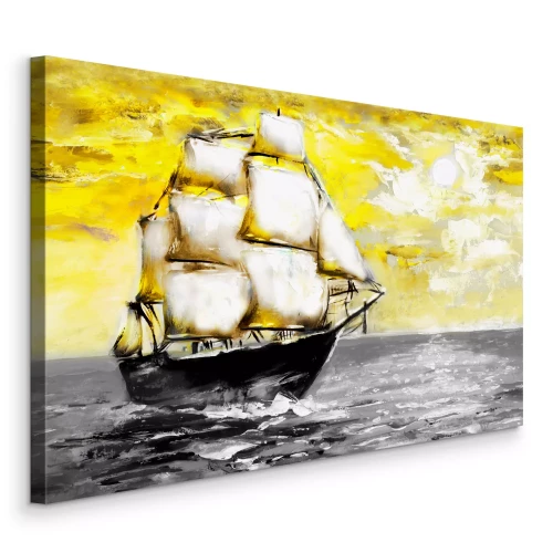 Canvas Een zwart schip met witte zeilen tegen een gele lucht