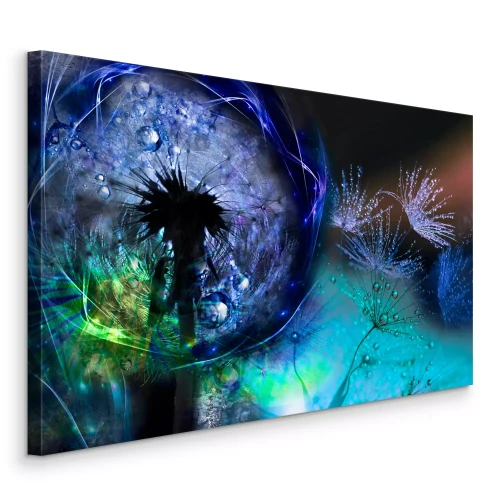 Canvas Blauwgroene paardenbloem in neonlicht