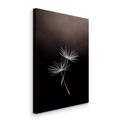 Canvas Vliegende paardenbloemzaden op een donkere achtergrond