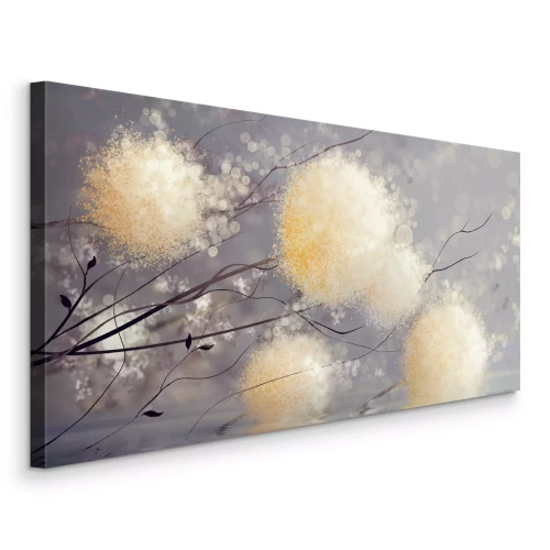 Canvas Paardenbloemen in een gouden gloed boven het wateroppervlak