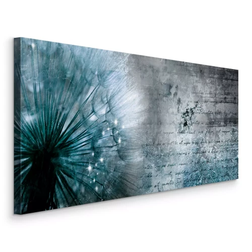 Canvas Turquoise en grijze paardenbloem met een glittereffect