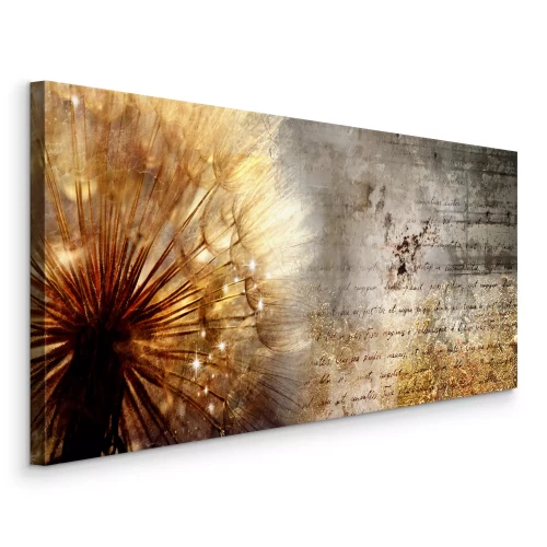 Canvas Paardenbloem in het zonlicht op een typografische achtergrond