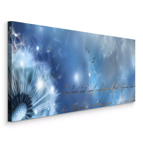 Canvas Paardenbloemen zweven op een blauwe achtergrond met tekst