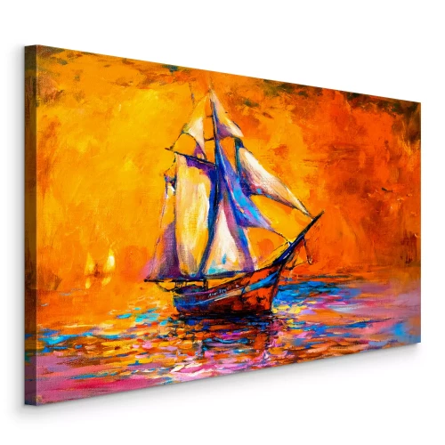 Canvas Een kleurrijk schilderij van een zeilschip tegen een vurige lucht
