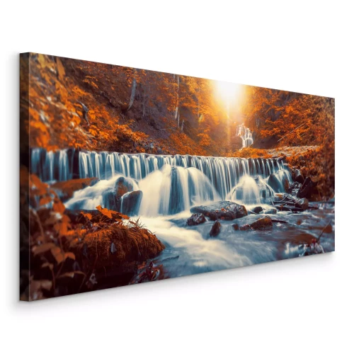 Canvas Herfst brede waterval met stenen