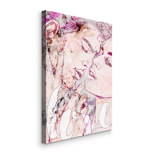 Canvas Stripboekportret van een vrouw en een man die kussen