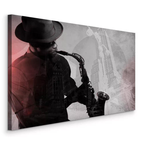 Canvas De saxofonist en het stadsgezicht