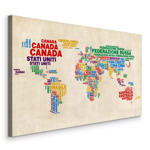 Canvas Een kleurrijke wereldkaart met landnamen in het Italiaans.