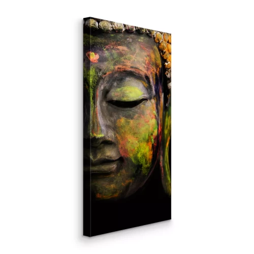 Canvas Verticaal halfprofiel van Boeddha in groene en gele kleuren