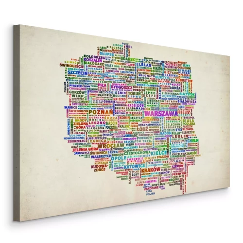 Canvas Een kleurrijke kaart van Polen met plaatsnamen.