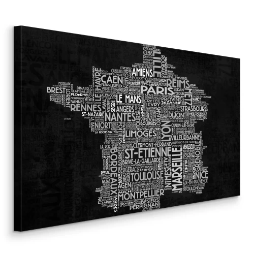 Canvas Een kaart van Frankrijk met stadsnamen op een donkere achtergrond.