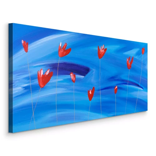 Canvas Abstracte rode tulpen op een blauwe achtergrond