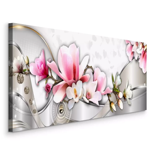 Canvas Een elegante compositie van roze magnolia&#39;s op een metalen achtergrond