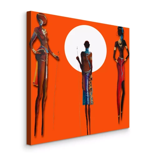 Canvas Kleurrijke Afrikaanse silhouetten op een oranje achtergrond
