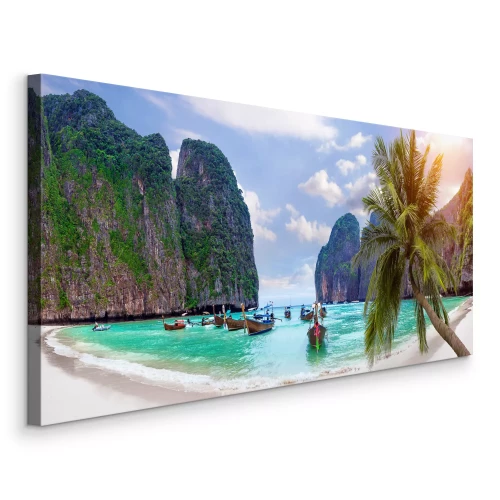 Canvas Tropisch strand en boten omgeven door kliffen