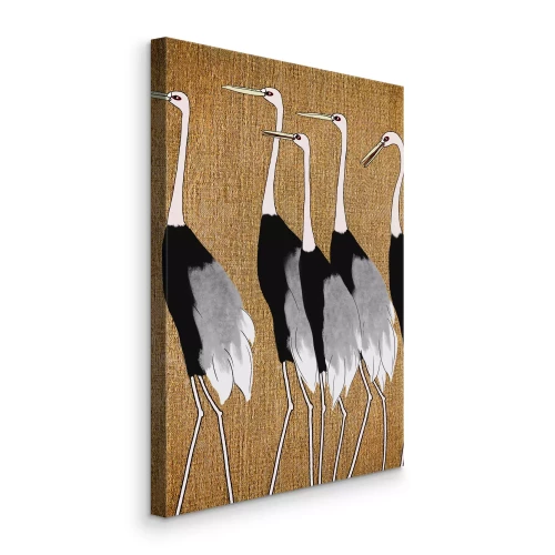 Canvas Vijf Japanse kraanvogels op een linnentextuurachtergrond