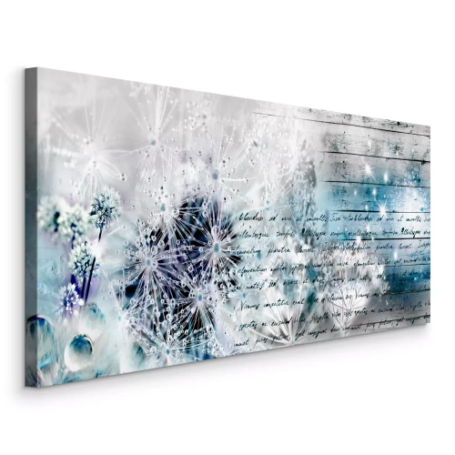 Canvas Paardenbloemen in blauwe tinten met een schrijfmotief