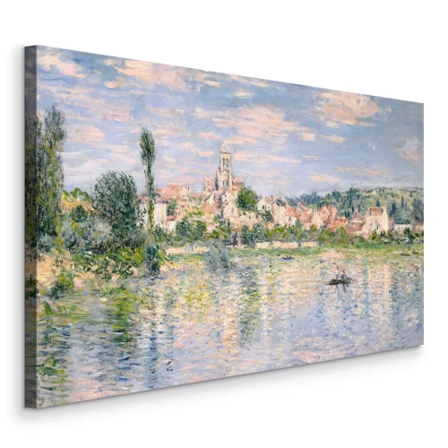 Canvas Een rustig meer met een boot en een historisch stadje