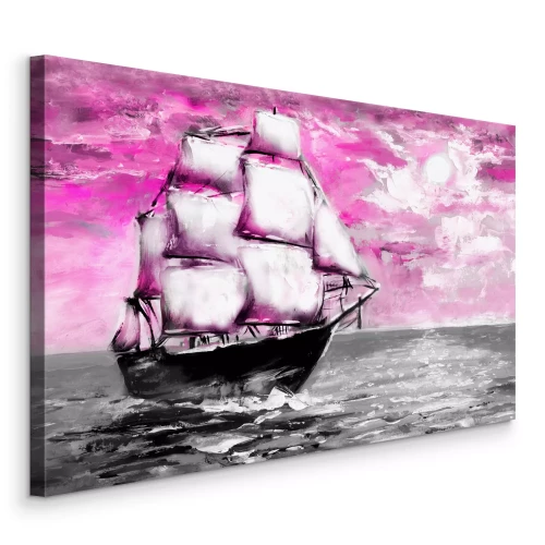 Canvas Een schip op kalm water tegen een roze-paarse lucht