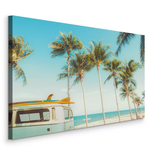 Canvas Retro busje met surfplanken aan de oceaan