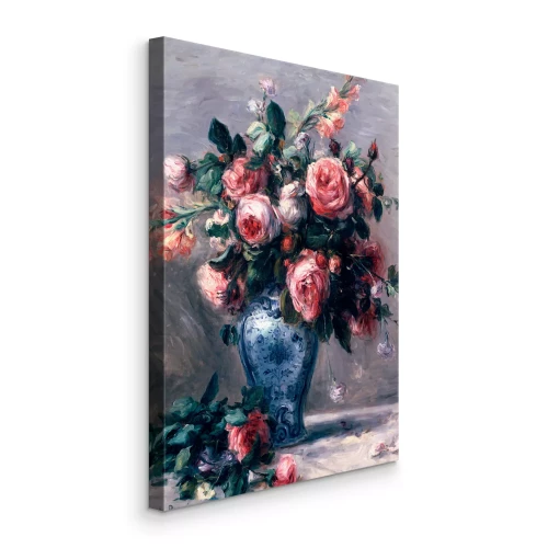 Canvas Blauwe vintage vaas met een boeket rozen