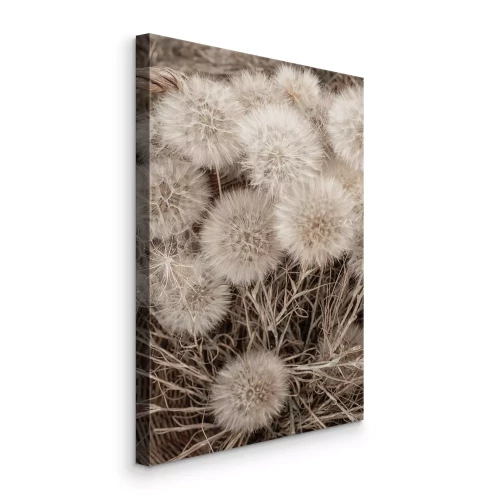 Canvas Een mand met pluizige paardenbloemen in beige tinten