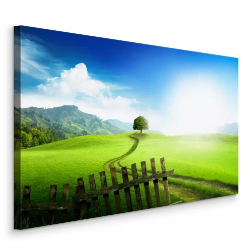 Canvas Een landpad dat naar een groene heuvel leidt