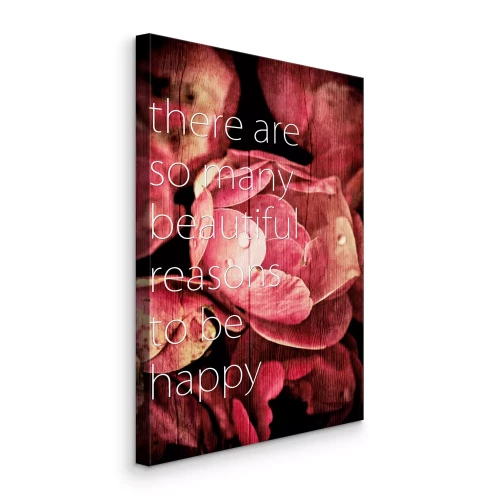 Canvas Roze bloemen met een citaat over geluk