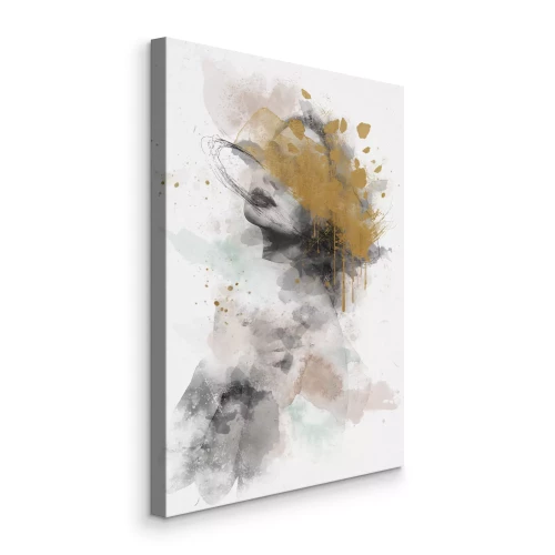Canvas Abstractie met een vrouwengezicht in felle kleuren met een gouden tint