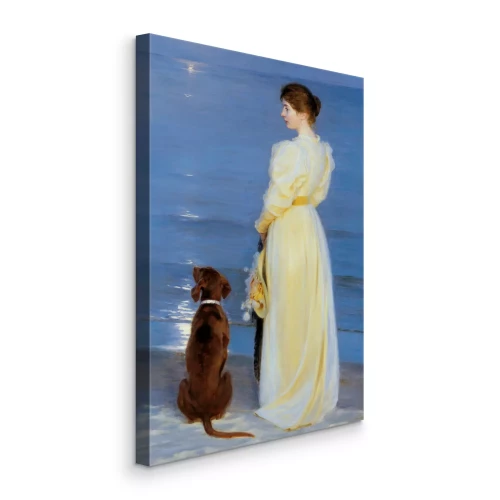 Canvas Een vrouw in een witte jurk loopt met haar hond op het strand in de zomer