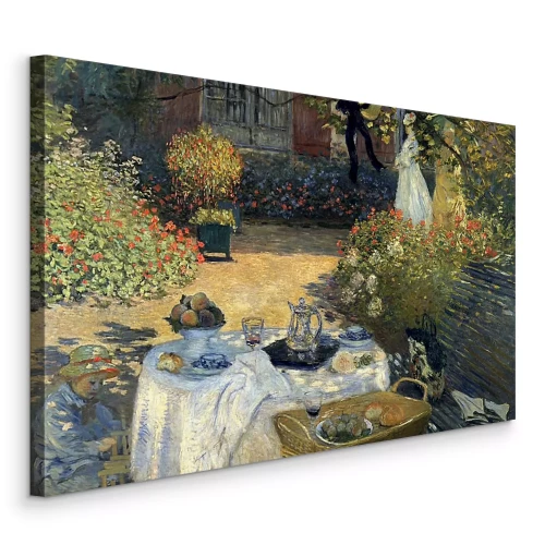 Canvas Een zomerse lunch in de tuin met bloeiende bloemen op de achtergrond